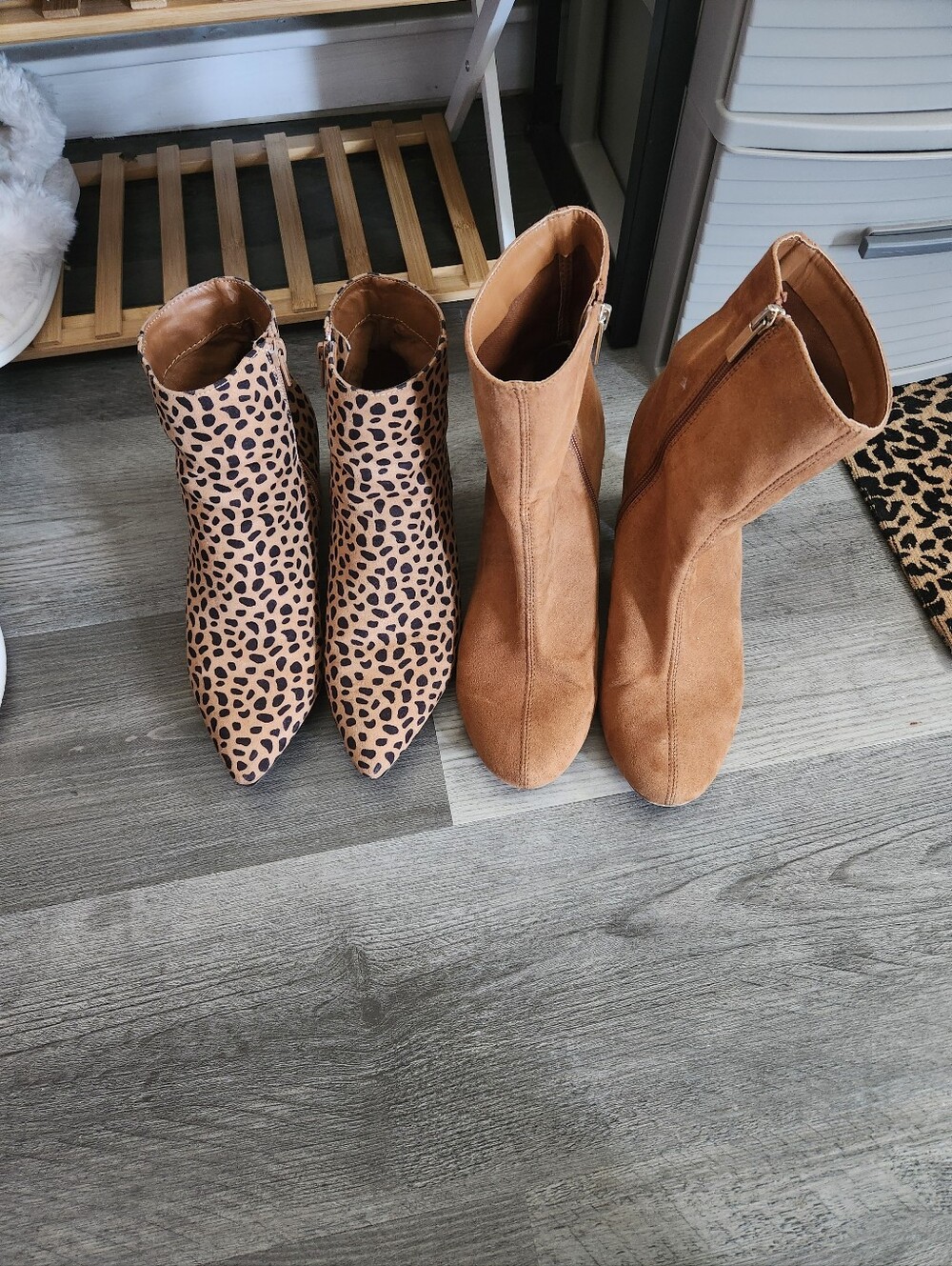 Two Pairs Of Tan Suede Ankle Boots - Leopard Print and Solid Tan Style